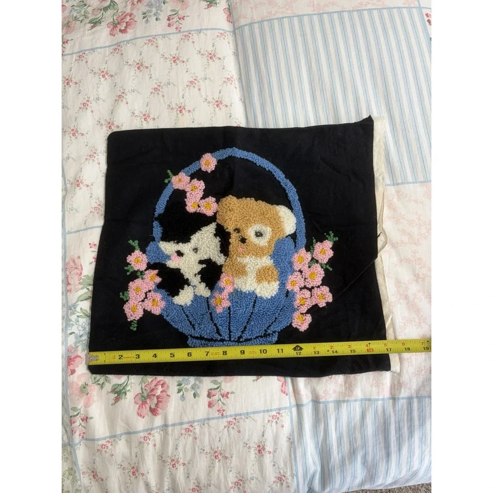 VTG Punchwork Punch Needle Needlework Dogs in Basket Pillow Cover Hand Hooked